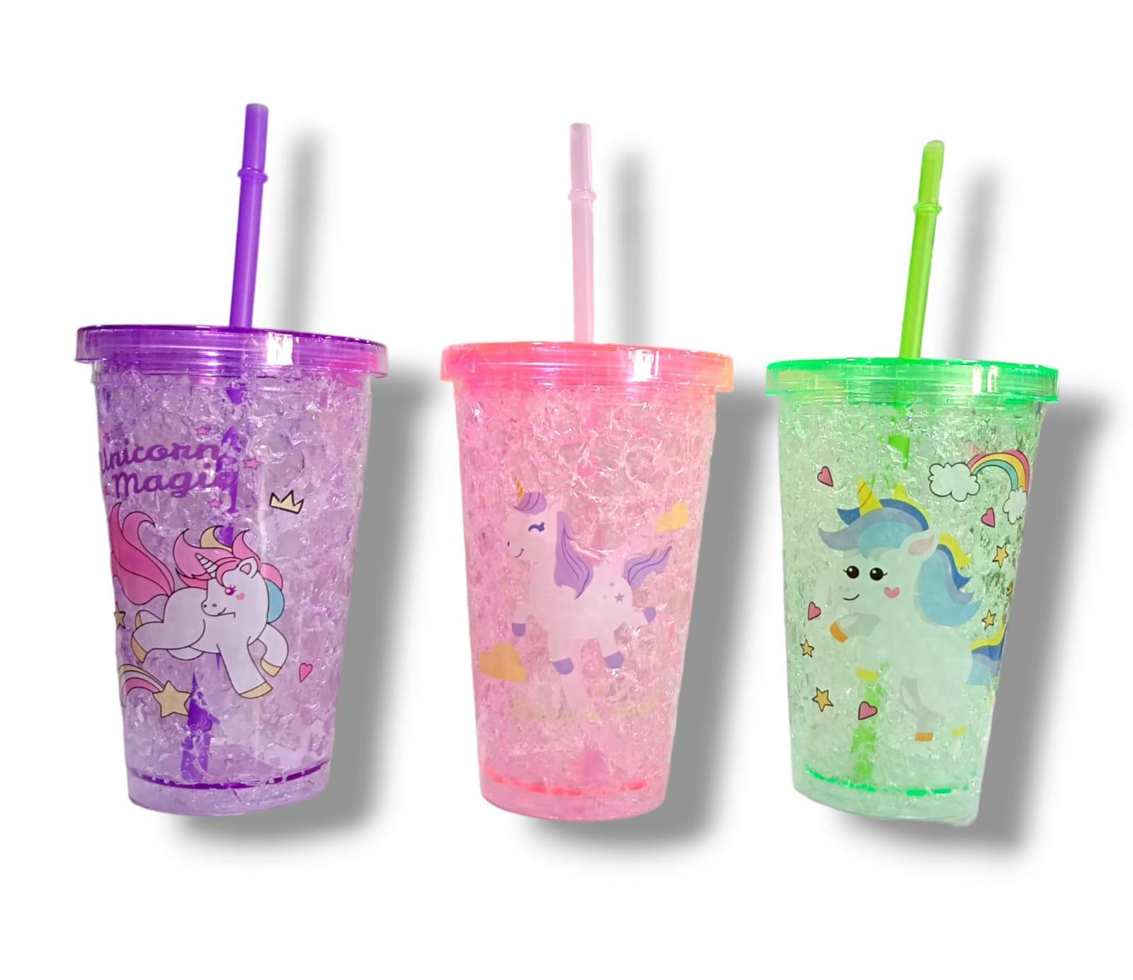 VASO ACRILICO UNICORNIO CON GEL REFRIGERANTE Y SORBETE- 16CM