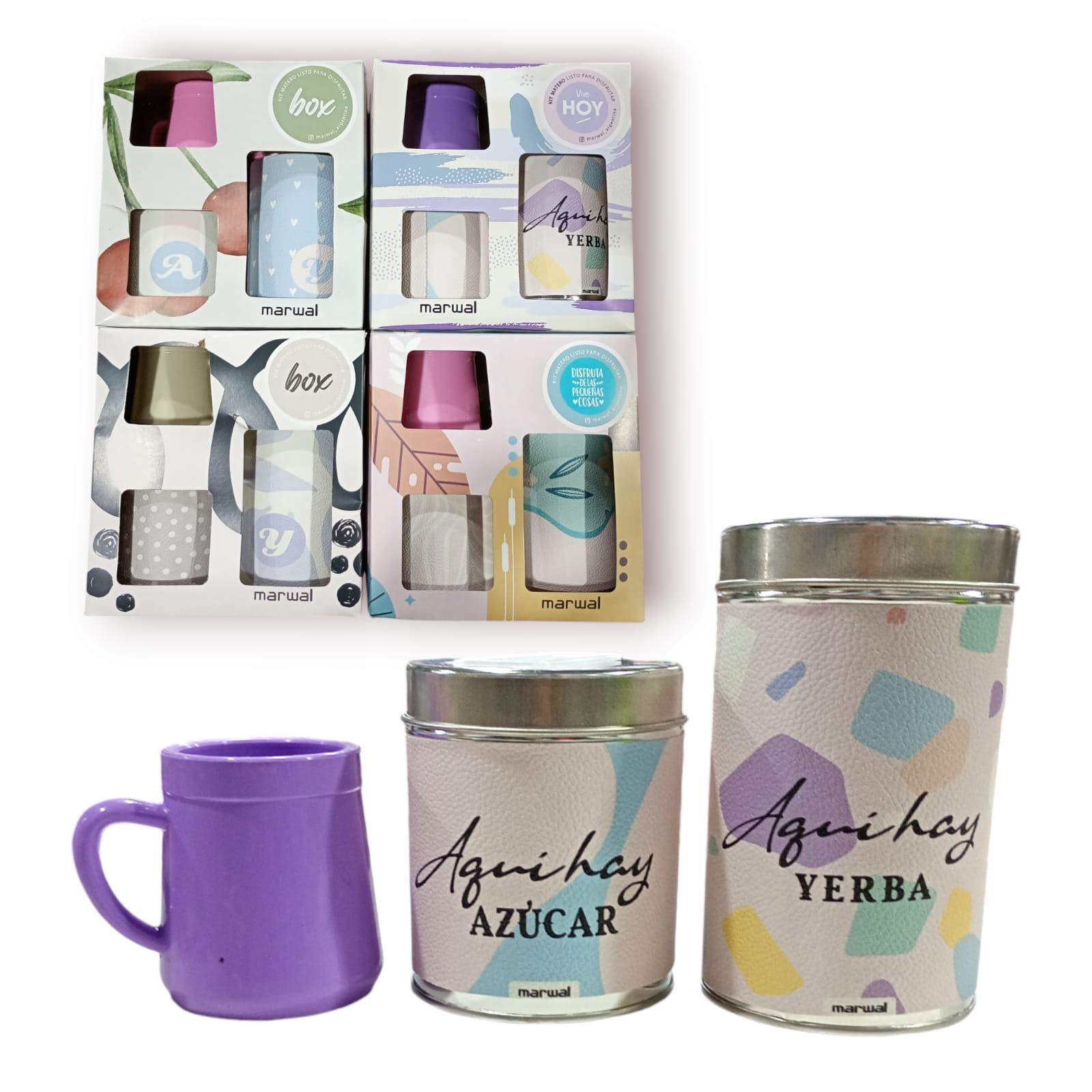 LATA YERBERA Y AZUCARERA FORRADA EN CUERINA + MATE PLASTICO EN CAJA